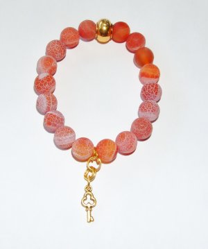 Red Frost Agate Key Charm Stretch Bracelet 7.25"
