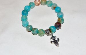 Blue Dragon Veins Agate Fleur De Lis Stretch Bracelet 7.0"