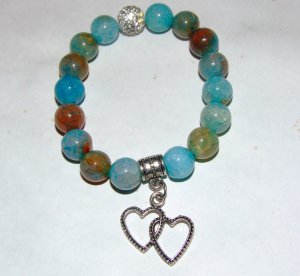 Blue 10 MM Dragon Veins Agate Double Heart Stretch Bracelet 7.0"