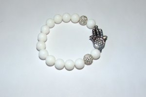 White Jade Crystal  Hamsa Stretch Bracelet 7.25"