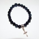 Unisex Black Onyx Stretch Bracelet With Antique  Silver-Tone Cross 7.75"