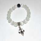 White Cat's Eye Mexican Opal Stretch Bracelet with Antique Silver-Tone Fleur De Lis 7.25"