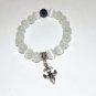 White Cat's Eye Mexican Opal Stretch Bracelet with Antique Silver-Tone Fleur De Lis 7.25"