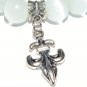 White Cat's Eye Mexican Opal Stretch Bracelet with Antique Silver-Tone Fleur De Lis 7.25"
