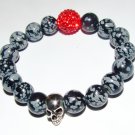 Black Snowflake Obsidian Antique Silver Skull Stretch Bracelet 7.0"