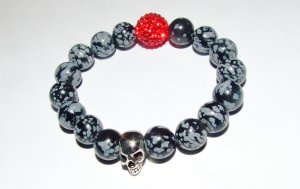 Black Snowflake Obsidian Antique Silver Skull Stretch Bracelet 7.0"