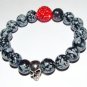 Black Snowflake Obsidian Antique Silver Skull Stretch Bracelet 7.0"