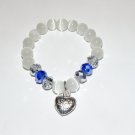 White Cat's Eye Mexican Opal Stretch Bracelet with Antique Silver-Tone Puffed Heart Charm 7.0"