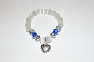 White Cat's Eye Mexican Opal Stretch Bracelet with Antique Silver-Tone Puffed Heart Charm 7.0"