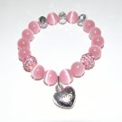 Pink Cat's Eye Mexican Opal Stretch Bracelet with Antique Silver-Tone Puffed Heart Charm 7.10"