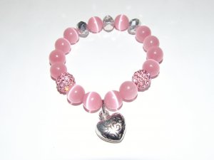 Pink Cat's Eye Mexican Opal Stretch Bracelet with Antique Silver-Tone Puffed Heart Charm 7.10"