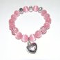 Pink Cat's Eye Mexican Opal Stretch Bracelet with Antique Silver-Tone Puffed Heart Charm 7.10"