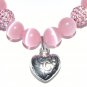 Pink Cat's Eye Mexican Opal Stretch Bracelet with Antique Silver-Tone Puffed Heart Charm 7.10"