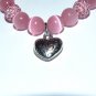 Pink Cat's Eye Mexican Opal Stretch Bracelet with Antique Silver-Tone Puffed Heart Charm 7.10"