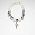 White Agate Antique Silver Cross Crystal Stretch Bracelet 7.25"