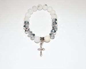 White Agate Antique Silver Cross Crystal Stretch Bracelet 7.25"