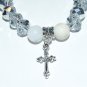 White Agate Antique Silver Cross Crystal Stretch Bracelet 7.25"