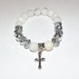 White Agate Antique Silver Cross Crystal Stretch Bracelet 7.25"