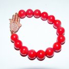 Red Sea  Coral Hamsa Crystal Stretch Bracelet 7.25"