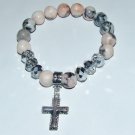 Dalmatian Jasper Stretch Bracelet with Crystals and Silver-Tone Cross 7.50"