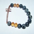 Black Labradorite Sideways Cross Stretch Bracelet With Crystals 7.5"