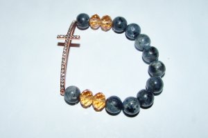 Black Labradorite Sideways Cross Stretch Bracelet With Crystals 7.5"