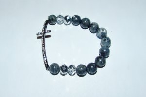 Black Labradorite Sideways Cross Crystal Stretch Bracelet 7.50"
