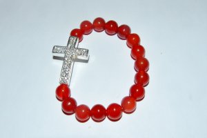 Red Agate Crystal Sideways Cross Stretch Bracelet 7.50"