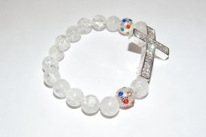 Rock Crystal Quartz  Sideways Cross Stretch Bracelet 7.25"