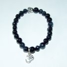 Unisex Black Onyx Stretch Bracelet With Antique  Silver Tone  Two-Sided Buddha Head and OM 7.50"