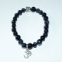 Unisex Black Onyx Stretch Bracelet With Antique  Silver Tone  Two-Sided Buddha Head and OM 7.50"