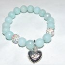 Women's 10 MM Aquamarine Jade Stretch Bracelet with Antique Silver-Tone Puffed Heart 7.0"