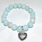 Women's 10 MM Aquamarine Jade Stretch Bracelet with Antique Silver-Tone Puffed Heart 7.0"