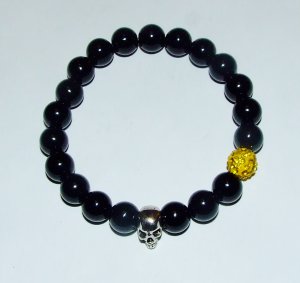 Men' 10 MM Black Onyx Stretch Bracelet With Silver Skull Bead 8.0"