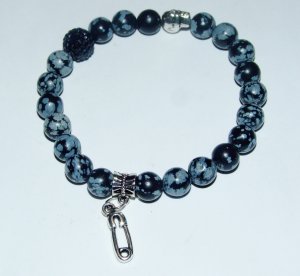 Women's 8 MM Snowflake Obsidian Silver Skull Safety Pin Stretch  Bracelet 7.50"
