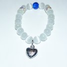 White Cat's Eye Mexican Opal Stretch Bracelet with Antique Silver-Tone Puffed Heart 7.00"