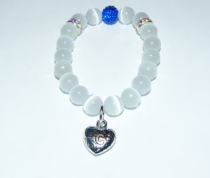 White Cat's Eye Mexican Opal Stretch Bracelet with Antique Silver-Tone Puffed Heart 7.00"