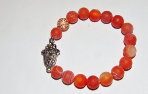 Unisex 10 MM Red Agate Hamsa Stretch Bracelet 8.0"