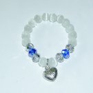 White Cat's Eye Mexican Opal Stretch Bracelet with Antique Silver-Tone Puffed Heart 7.00"