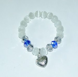 White Cat's Eye Mexican Opal Stretch Bracelet with Antique Silver-Tone Puffed Heart 7.00"