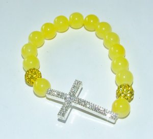 Yellow Jade Sideways Cross Stretch Bracelet 7.25"