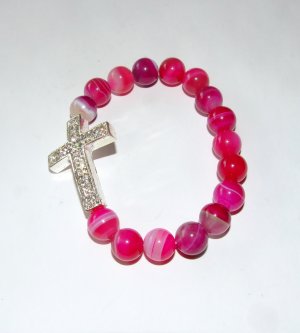 Women's 10 MM Pink Striped Agate Sideways Cross Stretch Bracelet 7.50"