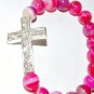 Women's 10 MM Pink Striped Agate Sideways Cross Stretch Bracelet 7.50"