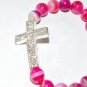 Women's 10 MM Pink Striped Agate Sideways Cross Stretch Bracelet 7.50"
