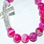 Women's 10 MM Pink Striped Agate Sideways Cross Stretch Bracelet 7.50"