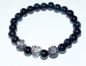 Women's Black 8 MM Onyx Stretch Bracelet With Silver-tone Love Heart 7.00"