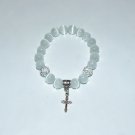 White Cat's Eye Mexican Opal Stretch Bracelet with Antique Silver-Tone Ornate Cross 7.25"