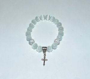 White Cat's Eye Mexican Opal Stretch Bracelet with Antique Silver-Tone Ornate Cross 7.25"