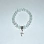 White Cat's Eye Mexican Opal Stretch Bracelet with Antique Silver-Tone Ornate Cross 7.25"