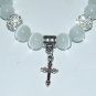 White Cat's Eye Mexican Opal Stretch Bracelet with Antique Silver-Tone Ornate Cross 7.25"